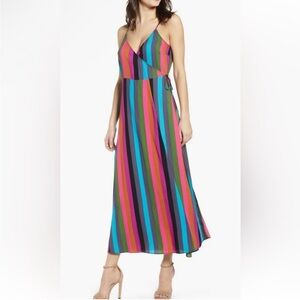 LEITH Striped V-Neck Maxi Wrap Dress